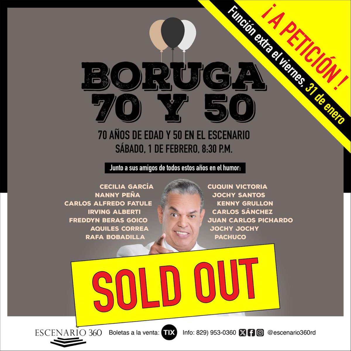 ¡Viernes SOLD OUT! 🎭✨ Gracias por su apoyo y entusiasmo. A los que tienen sus boletas, ¡prepárense para una noche llena de risas y sorpresas! 😂🙌

📍 Escenario 360
🎟️ Boletas en TIX. ¡Corre antes de que vuelvan a agotarse!

#Boruga70y50 #GraciasPorElApoyo #Escenario360