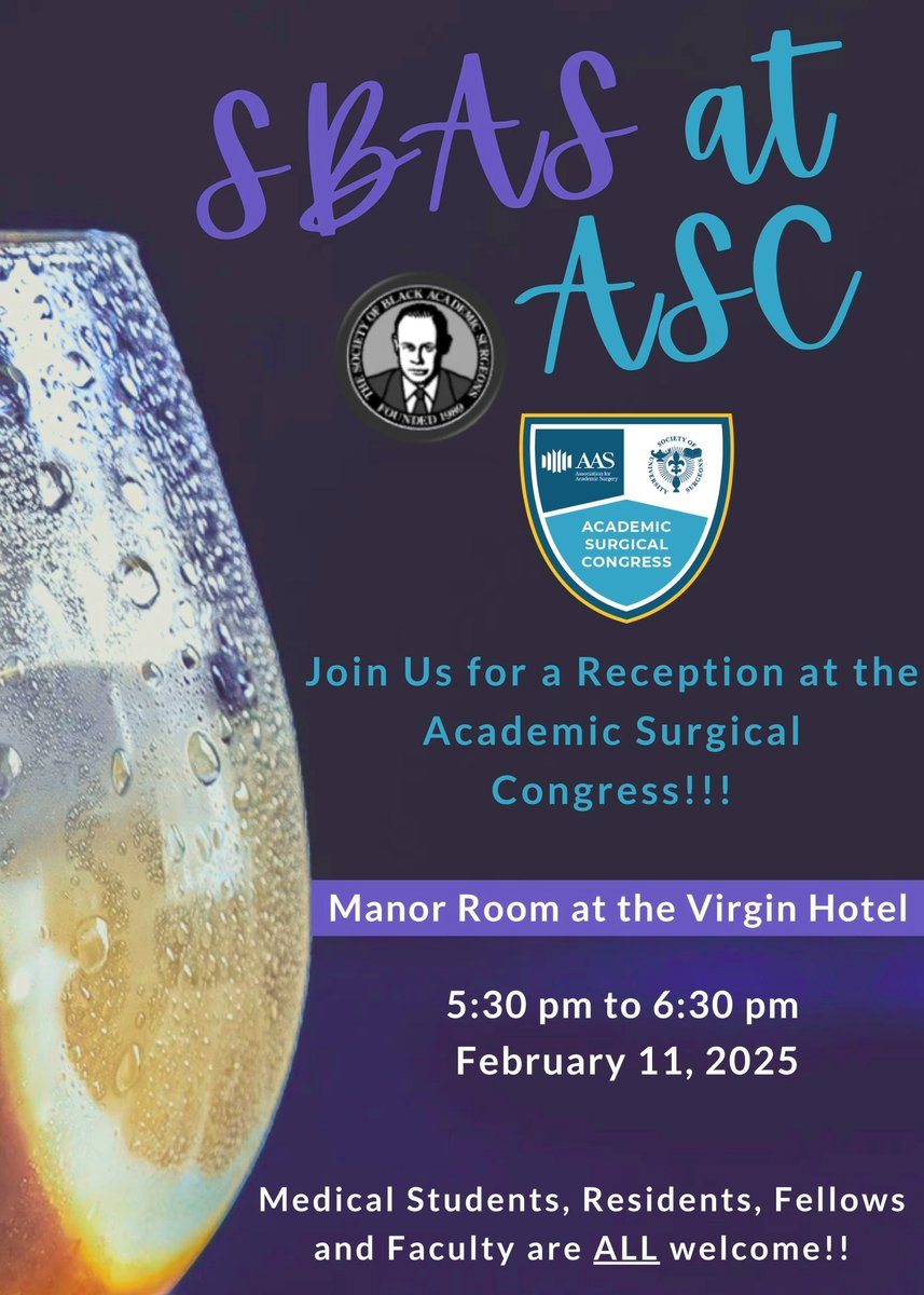 SocietyofBAS's tweet photo. π£οΈCalling all Med Students, Residents, Fellows & Faculty!ππΎ
For those of you attending the upcoming Academic Surgical Congress Meeting, please JOIN US at the Manor Room at the Virgin Hotel for community, fellowship, & connection! We hope to see you all there! #SBASatASC βπΎπππΎ https://t.co/UHq60VqgKi