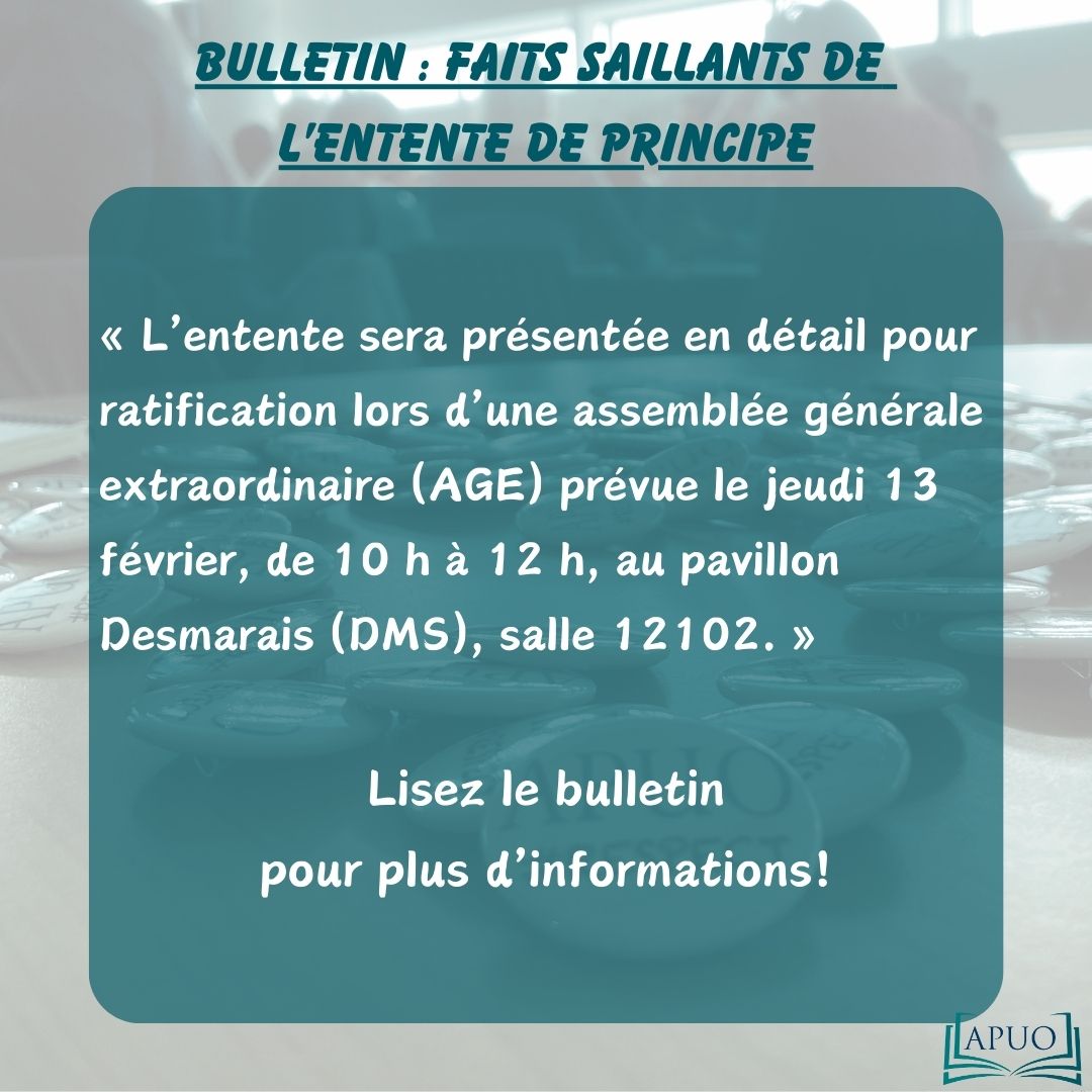 Les membres peuvent maintenant consulter les points saillants de notre entente de principe avec l'employeur. Au plaisir de vous voir le 13 février pour l'assemblée générale extraordinaire où l'entente sera présentée!
Lisez les faits saillants ici : apuo.ca/faits-saillant…
