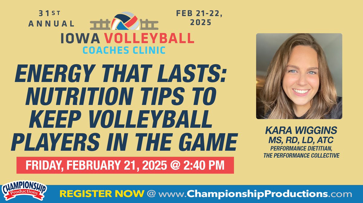 Championship Volleyball Instruction- Videos/Clinic (@champvball) on Twitter photo 🔥The 31st annual Iowa Volleyball🏐Coaches Clinic features an amazing line-up, including <a href="/EllenDavis_CSSD/">Ellen Davis, RD</a>'s Performance Collective Athletic Trainer & Registered Dietician Kara Wiggins, MS, RD, LD, ATC - speaking on '' Energy That Lasts: Nutrition Tips to Keep Volleyball Players 🔥The 31st annual Iowa Volleyball🏐Coaches Clinic features an amazing line-up, including <a href="/EllenDavis_CSSD/">Ellen Davis, RD</a>'s Performance Collective Athletic Trainer & Registered Dietician Kara Wiggins, MS, RD, LD, ATC - speaking on '' Energy That Lasts: Nutrition Tips to Keep Volleyball Players