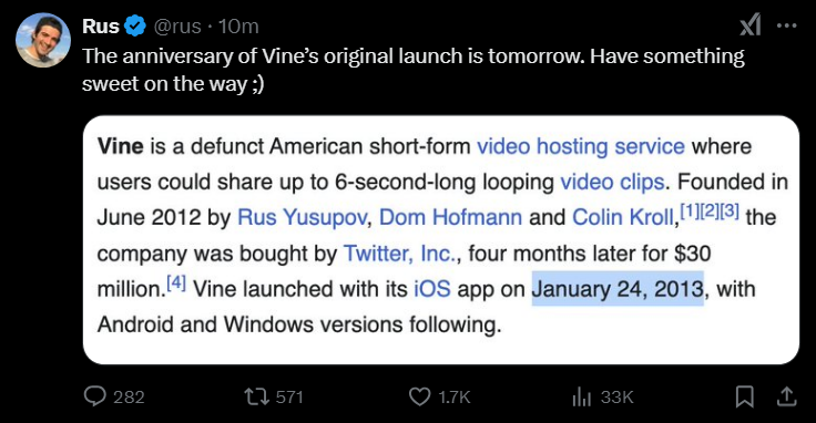 blocknewsdotcom's tweet photo. JUST IN: $VINE founder @rus says "something sweet" is coming 👀 https://t.co/HhJqosDqAQ