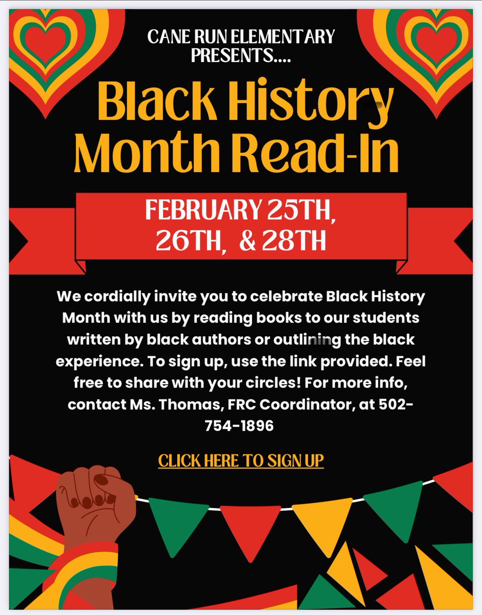 canerunfrc's tweet photo. We are hosting a Black History Month Read-In at Cane Run Elementary on February 25th, 26th, and 28th. We are looking for volunteer readers from our community. For more details and/or to sign up, click the link! Feel free to share! 
https://t.co/K1rxfaWzQp https://t.co/9jpWEIXLuP