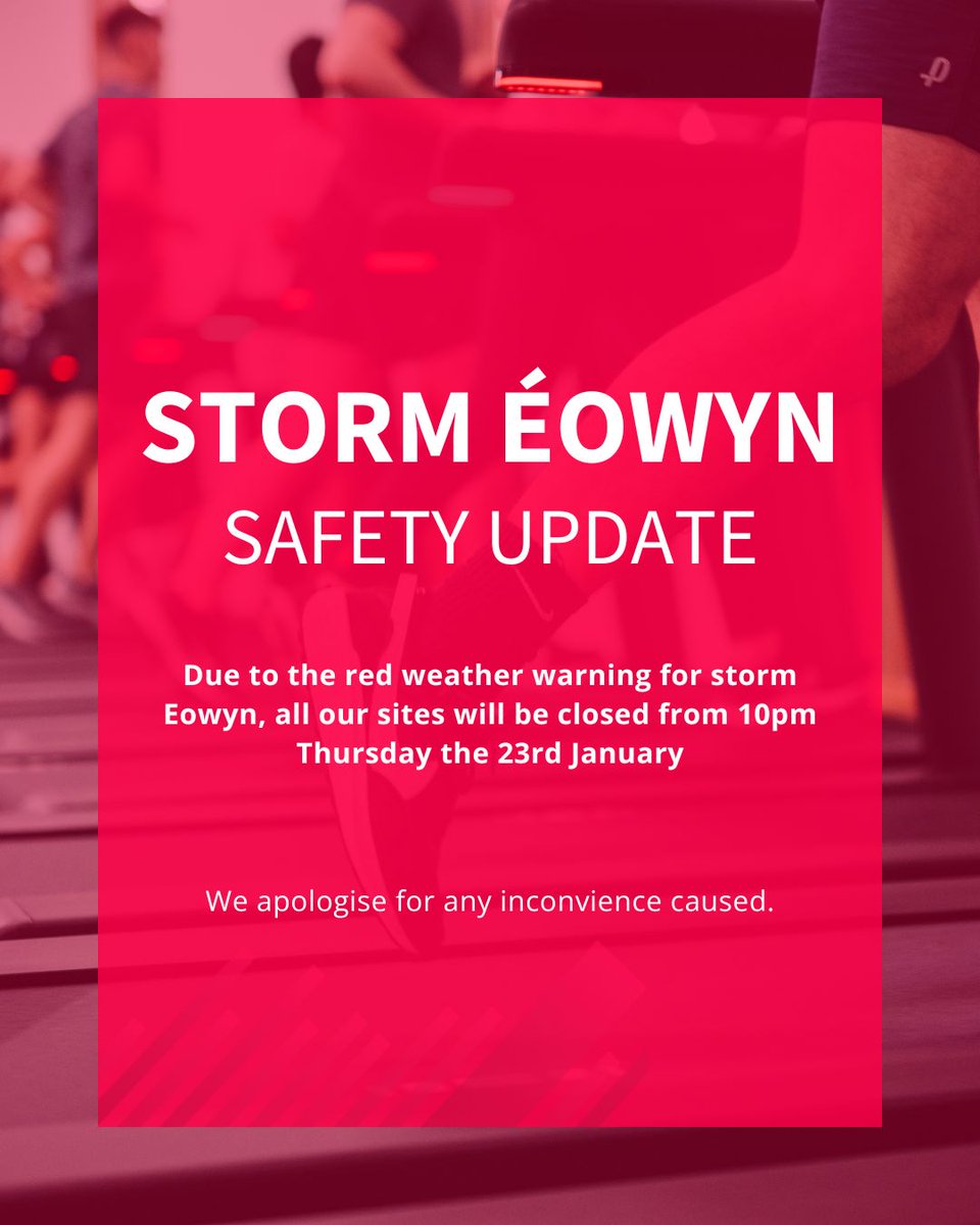 UoE Sport (@uoesport) on Twitter photo Due to a red weather warning issued by the <a href="/metoffice/">Met Office</a> all our sites will be closed from 10pm this evening.
We hope to re-open as normal on Saturday 25th January pending further updates.
Please take extra care and follow our socials for updates. Due to a red weather warning issued by the <a href="/metoffice/">Met Office</a> all our sites will be closed from 10pm this evening.
We hope to re-open as normal on Saturday 25th January pending further updates.
Please take extra care and follow our socials for updates.
