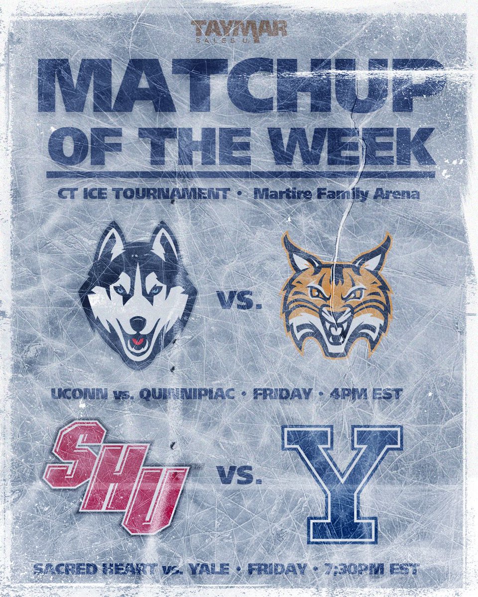 Taymarsalesu's tweet image. We'd like to show our support for our clients, @SHUHockey and @UConnMHOC,  this weekend during the annual CONNECTICUT ICE Tournament.  Please be sure to cheer for your team and check out the @CTHOCKEYFDN fundraiser!

#IceBus #WeAreSHU #BobcatNation #ThisIsYale #everybodyrides