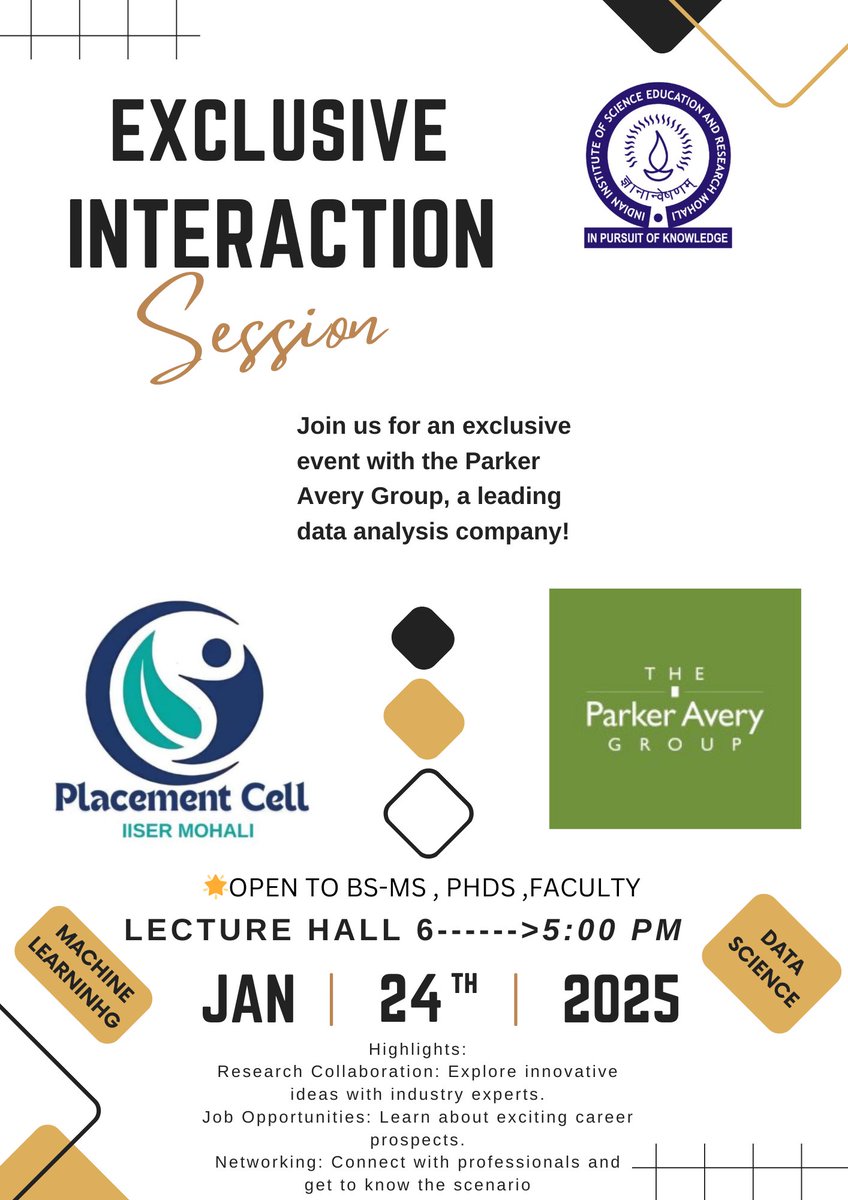 opportunit97142's tweet photo. JOIN US FOR AN EXCLUSIVE EVENT.
We are excited to invite students to a special data-science seminar and networking event hosted by the Parker Avery Group
📅 Date:5 pm IST,January 24, 2025
📍 Venue:Lecture Hall 6,LHC
@IiserMohali @ProfAnilKumarT1 #Industry https://t.co/2ZiT6Q6Upz
