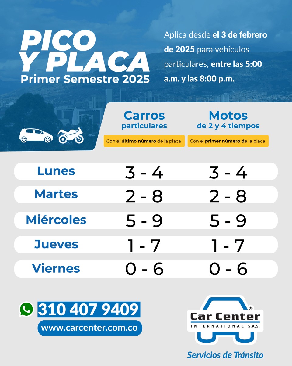 CarCenterMed's tweet photo. 📣 La Secretaría de Movilidad de Medellín anunció la nueva rotación del pico y placa para el primer semestre de 2025, para carros particulares y motos de 2 y 4 tiempos 🚙🛵🏍. https://t.co/QaHw8ls15m
