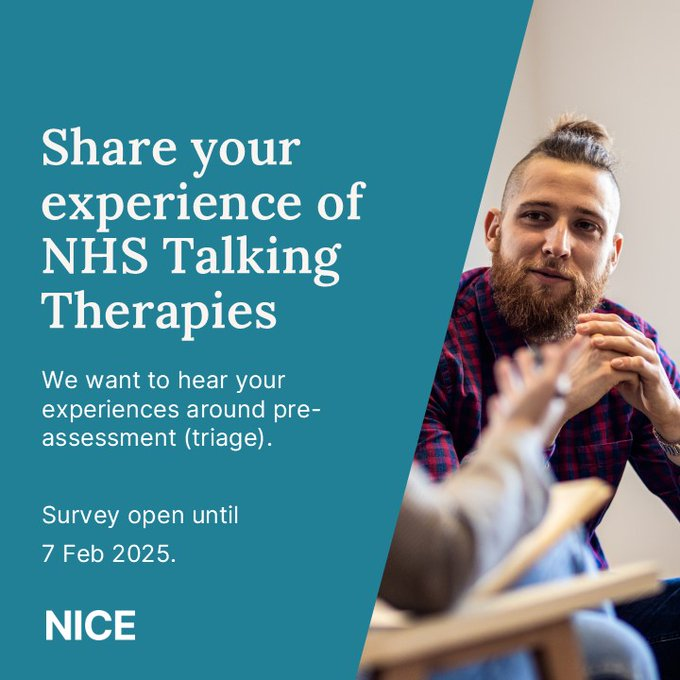 📢Have you used NHS Talking Therapies?   

Share your experience of pre-assessment (triage) to help shape NICE guidance. All responses are anonymous.  

Survey takes about 15 mins 
Closes: Midday Friday 7 Feb

nice.welcomesyourfeedback.net/s/NHS_Talking_…

#MentalHealth 
<a href="/NICEComms/">NICE</a> <a href="/banes3sg/">3SG</a> <a href="/bathnes/">B&NES Council</a>