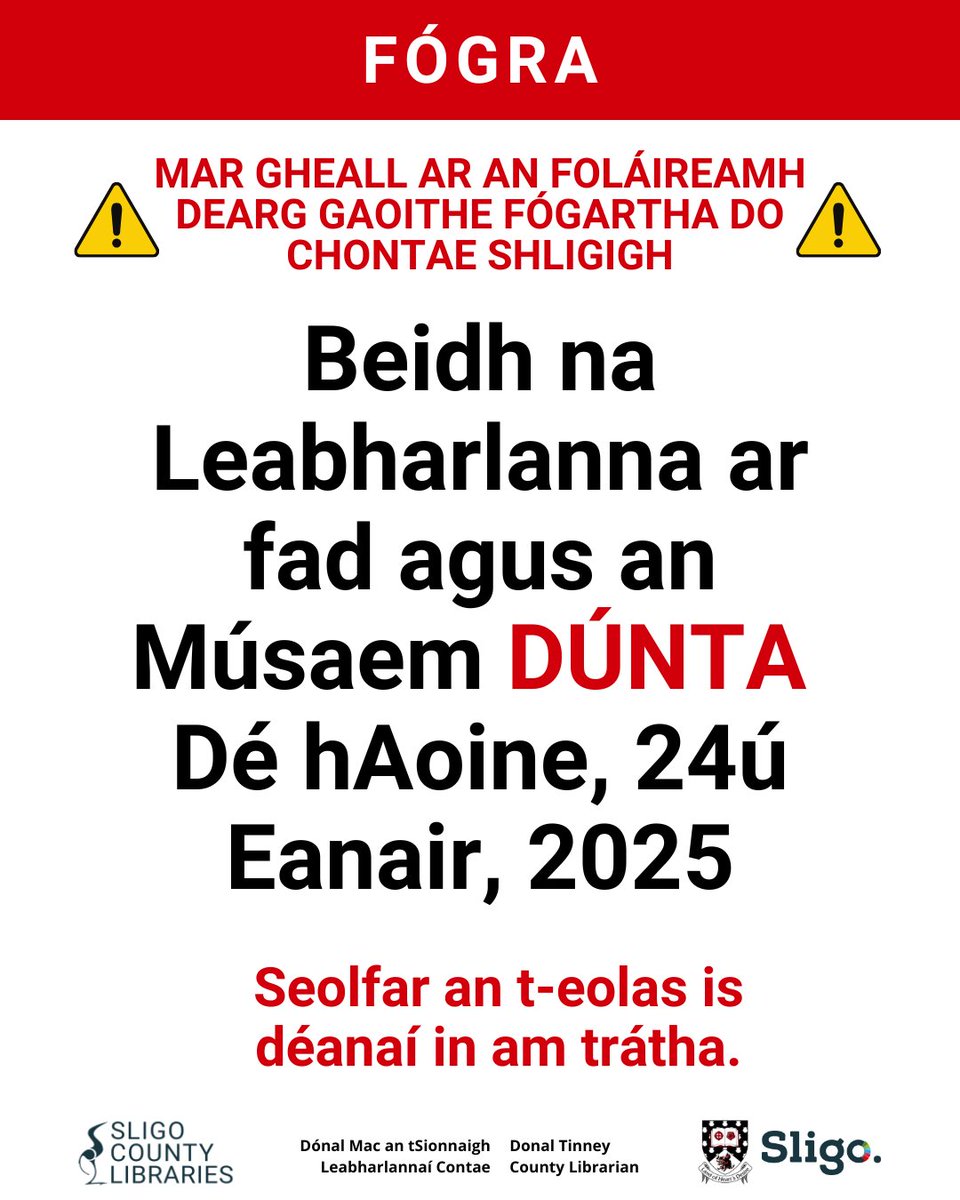 ⚠️NOTICE⚠️

Due to Status Red Warning for Sligo all Sligo County Library locations &amp; Museum will remain CLOSED on Friday 24th January 2025.  Updates will be provided in due course.

#sligo #sligolibrary #storméowyn