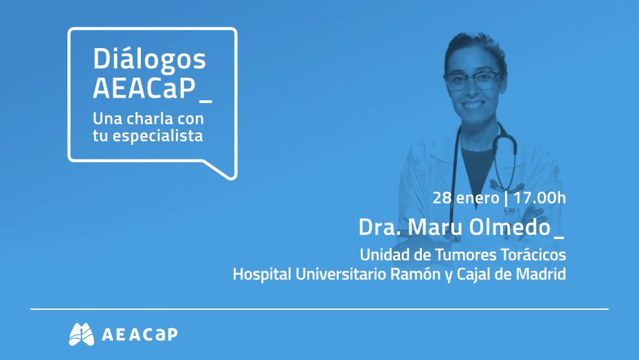 🔵🫁 <a href="/AEACaP/">Cáncer de Pulmón</a> ha organizado una nueva sesión de sus 'Diálogos AEACaP'

👩‍⚕️ Contarán con la participación de <a href="/olmedo_maru/">Maru olmedo</a>, especialista en oncología médica de la Unidad de Tumores Torácicos del Hospital Universitario Ramón y Cajal

🗓️ 28 de enero
🕔 17h

ℹ️ bit.ly/AEACaP-dialogo…