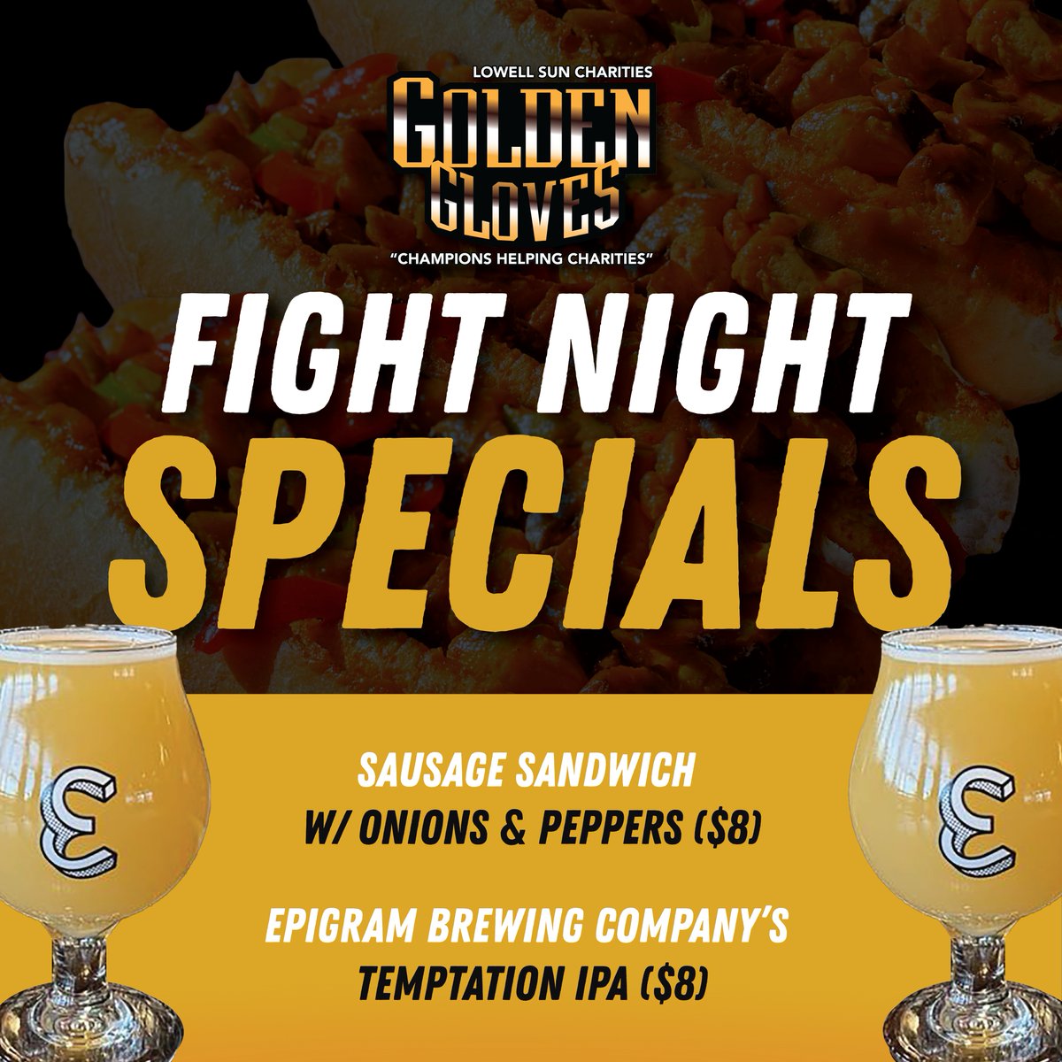 JUST ANNOUNCED:
2 new items have been added to the Lowell Memorial Auditorium menu!

Sausage Sandwich w/ onions &amp; peppers ($8)
Epigram Brewing Company’s Temptation IPA ($8)

Make sure to try them tonight at FIGHT NIGHT! 🥊 

#goldengloves #fightnight #LowellMA