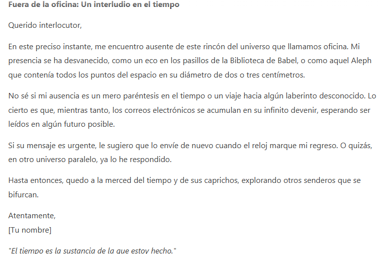 Fercacaceres's tweet photo. Le pedí a DeepSeek que me redacte un mail de OOO a la manera que lo escribiría Borges. Su respuesta, simplemente, me pareció brillante.
@santisiri @bilinkis @DotCSV https://t.co/yXhzAx8jyr