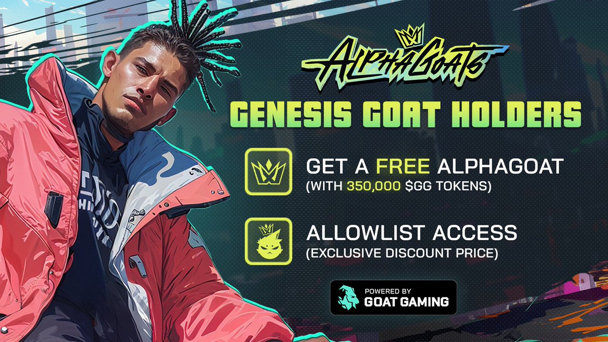 playgoatgaming's tweet image. Genesis GOAT holders. WE GOT YOU. 👊

Initial Agent Offering drops this February.

🐐 Allowlist access + exclusive discount
🐐 Free AlphaGOAT + 350,000 $GG for each Genesis GOAT NFT you hold