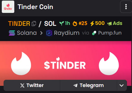 Tinder_Sol's tweet photo. $TINDER is #25 on DexScreener Hot Pairs🔥

Journey has just began, little dip, for everyone wanted to get in cheap, and we are ready to go further... https://t.co/95jncmq7dd