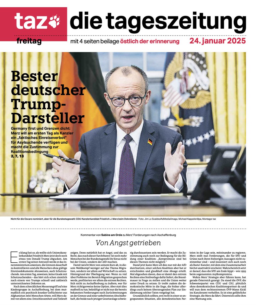 "Am ersten Tag meiner Amtszeit": #tazeins zu den Grenzschließungsplänen von Friedrich J. Merz <a href="/tazgezwitscher/">taz</a>