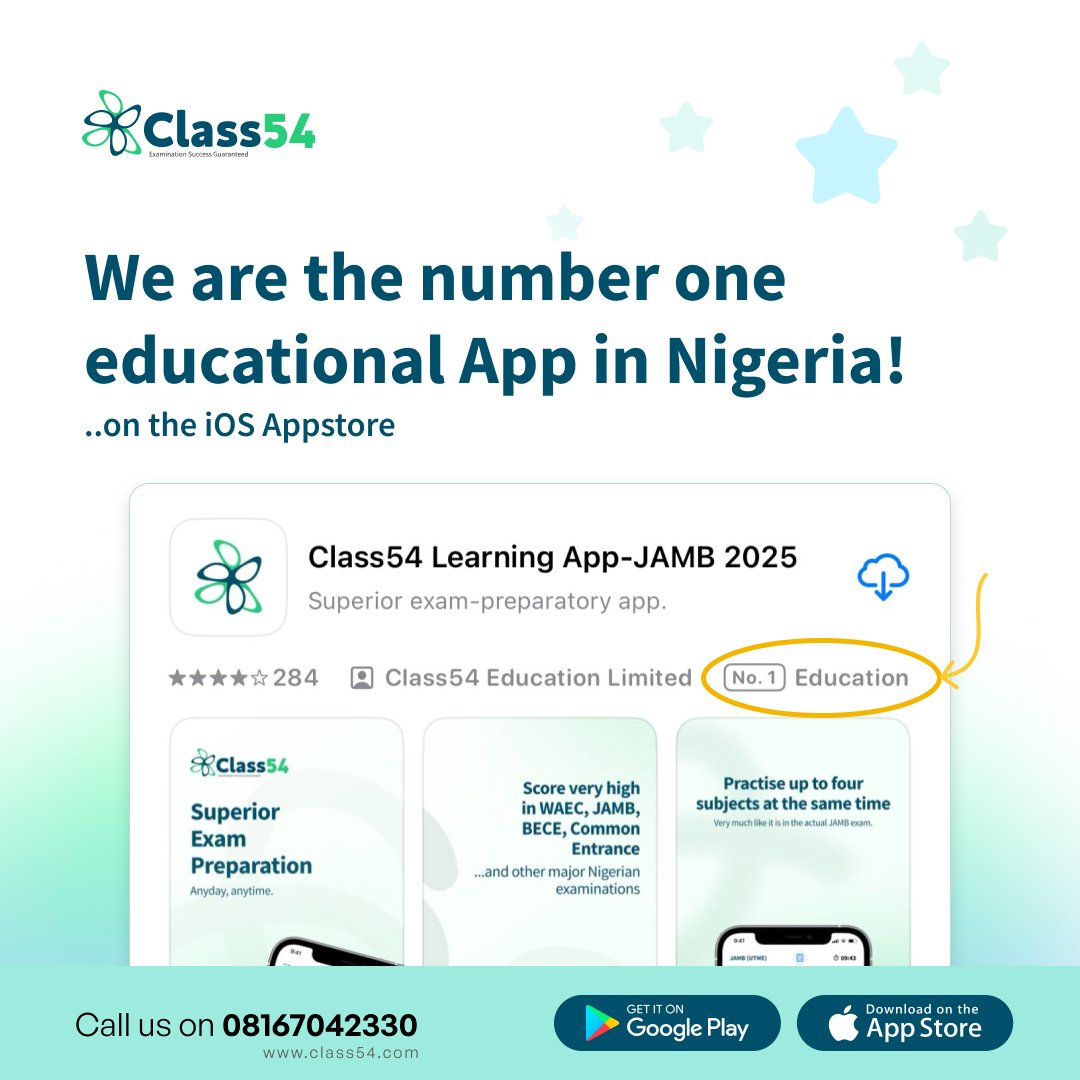 Class54Edu's tweet image. We’re thrilled to announce that Class54 has been recognized by Apple as the #1 app in Nigeria in the Education category! 🇳🇬📱

Visit class54.com today and get the best chance of landing your dream course in your dream school.
#Class54 #Education #JAMB #UTME #JAMB