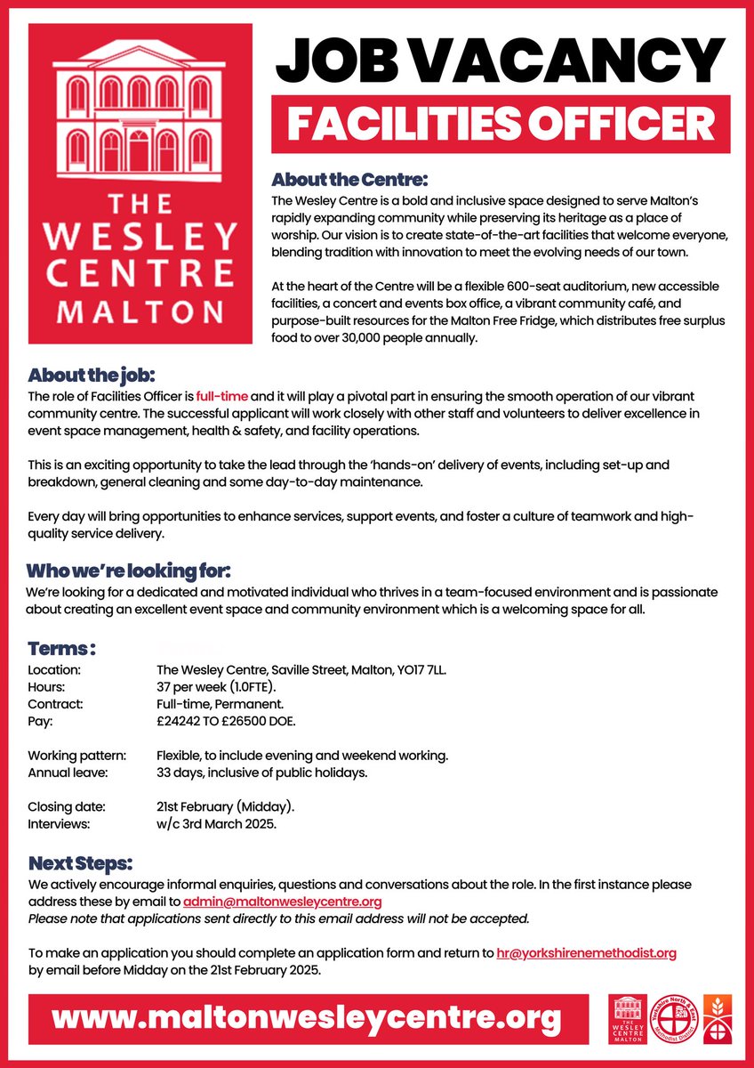 //🕊️ JOB VACANCY 🕊️//

The Wesley Centre in Malton is recruiting a full-time Facilities Officer. (Closes: 21/02/25)

Job pack link: methodist.org.uk/about/jobs-vol…