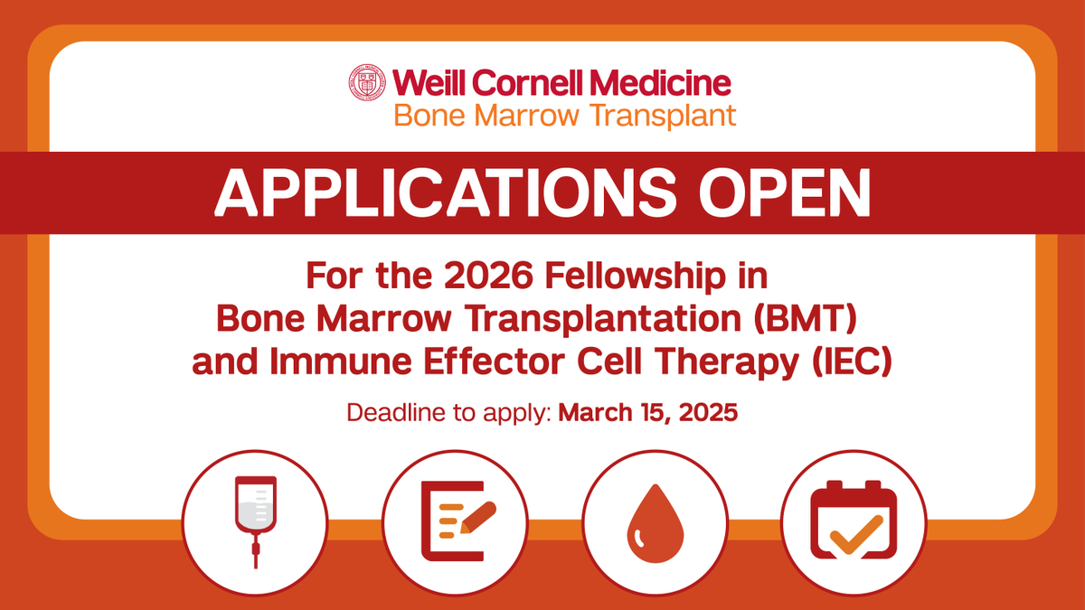 Weill Cornell BMT Program (@weillcornellbmt) on Twitter photo Applications for the 2026 <a href="/WeillCornell/">Weill Cornell Medicine</a> <a href="/nyphospital/">NewYork-Presbyterian</a> advanced Bone Marrow Transplant (#BMT) and #CellularTherapy fellowship are open. Apply for the opportunity to join our team in July 2026: bit.ly/3JkgMFu Applications for the 2026 <a href="/WeillCornell/">Weill Cornell Medicine</a> <a href="/nyphospital/">NewYork-Presbyterian</a> advanced Bone Marrow Transplant (#BMT) and #CellularTherapy fellowship are open. Apply for the opportunity to join our team in July 2026: bit.ly/3JkgMFu