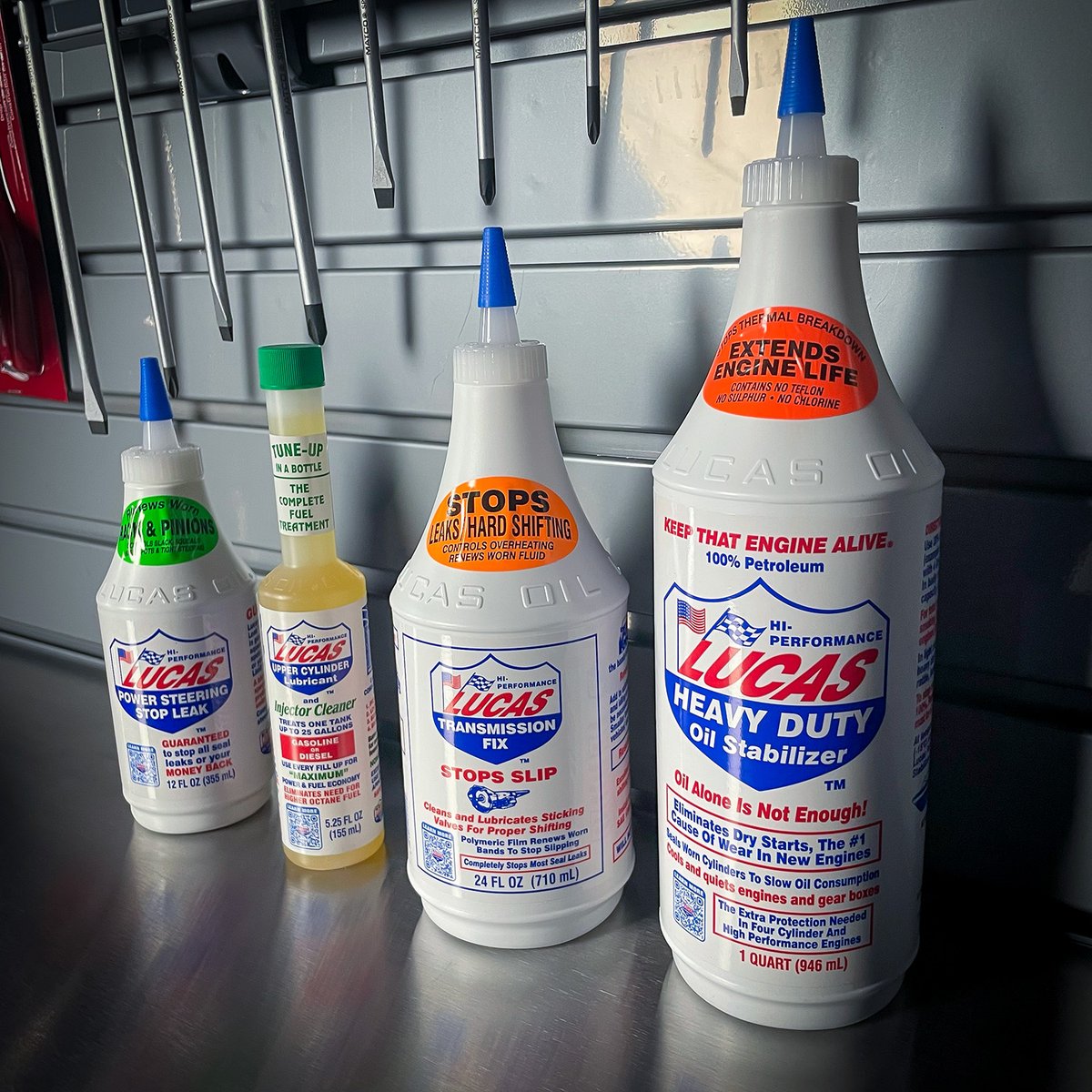 Lucas_Oil's tweet photo. Our Core 4: the shop essentials you can’t go without! 🛠️
💪 Power Steering Stop Leak, Fuel Treatment, Transmission Fix, and Heavy Duty Oil Stabilizer! Keep them on hand and keep your vehicles running strong for years to come!
#LucasWorks #LucasOil #Core4 #ShopEssentials #DIY #CarCare #Garage #Vehicles #Cars #Trucks #SUV