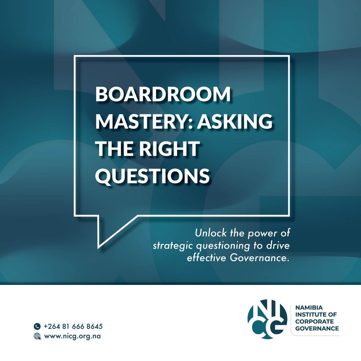 Namibia_NICG's tweet photo. Effective governance starts with asking the right questions. Boardroom mastery is about strategic inquiry that drives informed decisions and strengthens leadership. https://t.co/kvIVeikKOK