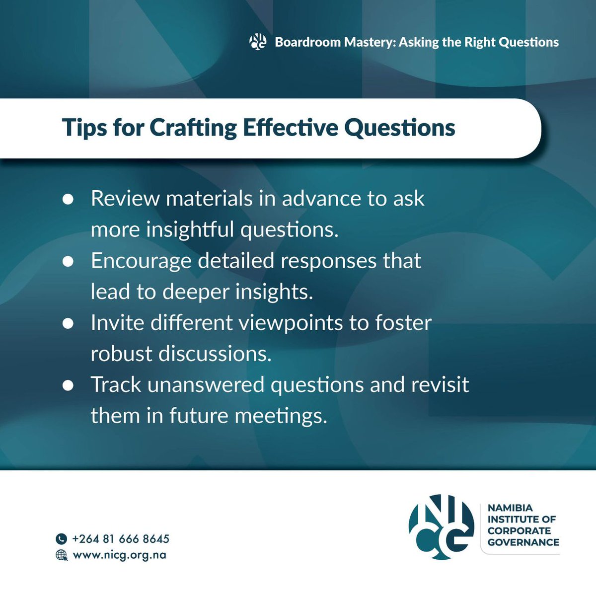 Namibia_NICG's tweet photo. Effective governance starts with asking the right questions. Boardroom mastery is about strategic inquiry that drives informed decisions and strengthens leadership. https://t.co/kvIVeikKOK