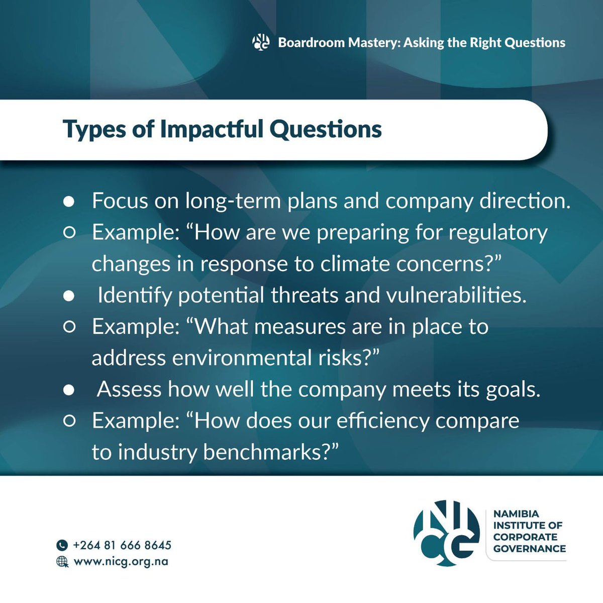 Namibia_NICG's tweet photo. Effective governance starts with asking the right questions. Boardroom mastery is about strategic inquiry that drives informed decisions and strengthens leadership. https://t.co/kvIVeikKOK