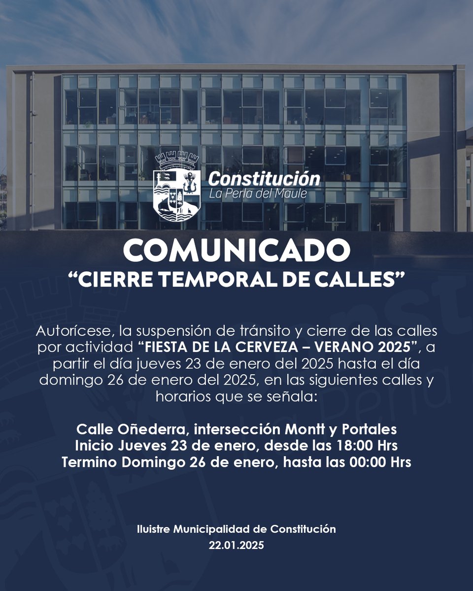 ¡COMUNICADO! 
Cierre temporal de calle Oñederra entre Montt y Portales desde el 23 de enero a las 18:00 horas y hasta el 26 de enero a las 00:00 horas se cerrará la calle Oñederra, debido a la “Fiesta de la Cerveza - Verano 2025”, que se llevará a cabo en nuestra comuna.