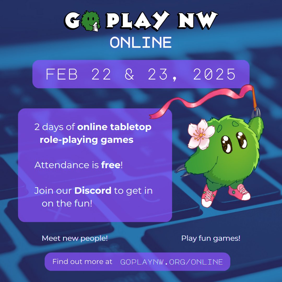 GoPlayNW's tweet image. Are you still here? We'll be posting here very minimally from now on—find us on our website and Discord linked in our profile! But just so you know, Go Play NW Online is happening Sat Feb 22 &amp;amp; Sun Feb 23—free to attend, scheduled and pickup games. Join us!