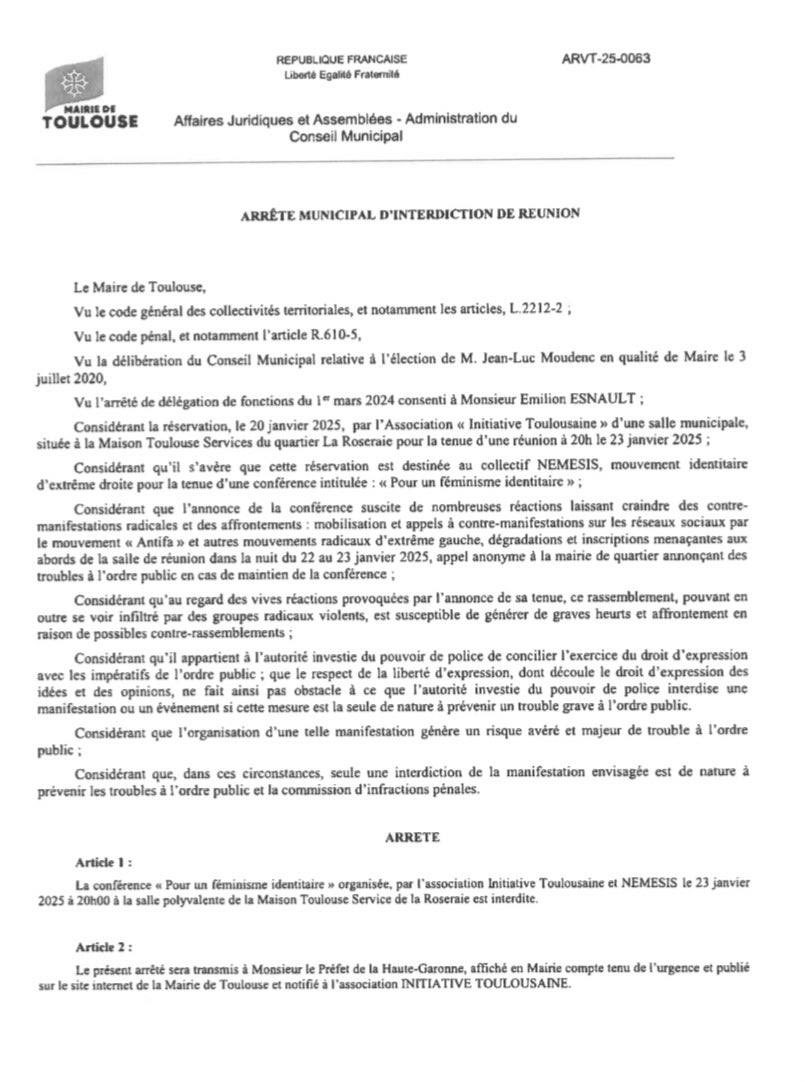Coll_Nemesis's tweet photo. Monsieur le Maire de Toulouse, @jlmoudenc, grand défenseur de la démocratie et des opprimés (rappelons qu’il est actuellement soupçonné d’avoir eu recours à des emplois fictifs, et d’avoir perçu à ce titre 514 260 €), vient d’interdire la tenue de notre conférence dans sa ville, à seulement 2 heures avant le début.

Cette action scandaleuse prouve, une fois de plus, la volonté de certains élus de participer à la censure de la droite française.

https://t.co/jfelzMHIkU