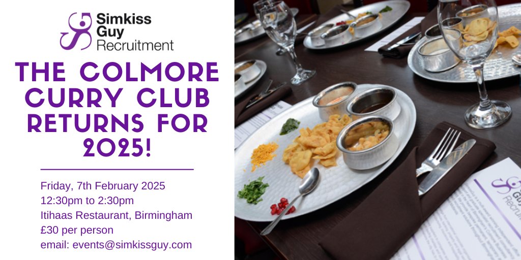 We are so looking forward to the first Colmore Curry Club of 2025! Join us on Friday 7th February for an afternoon of relaxed networking and great food <a href="/Itihaasindian/">Itihaas Indian</a> 

Email events@simkissguy.com to book your space!
  
simkissguy.com/the-colmore-cu…