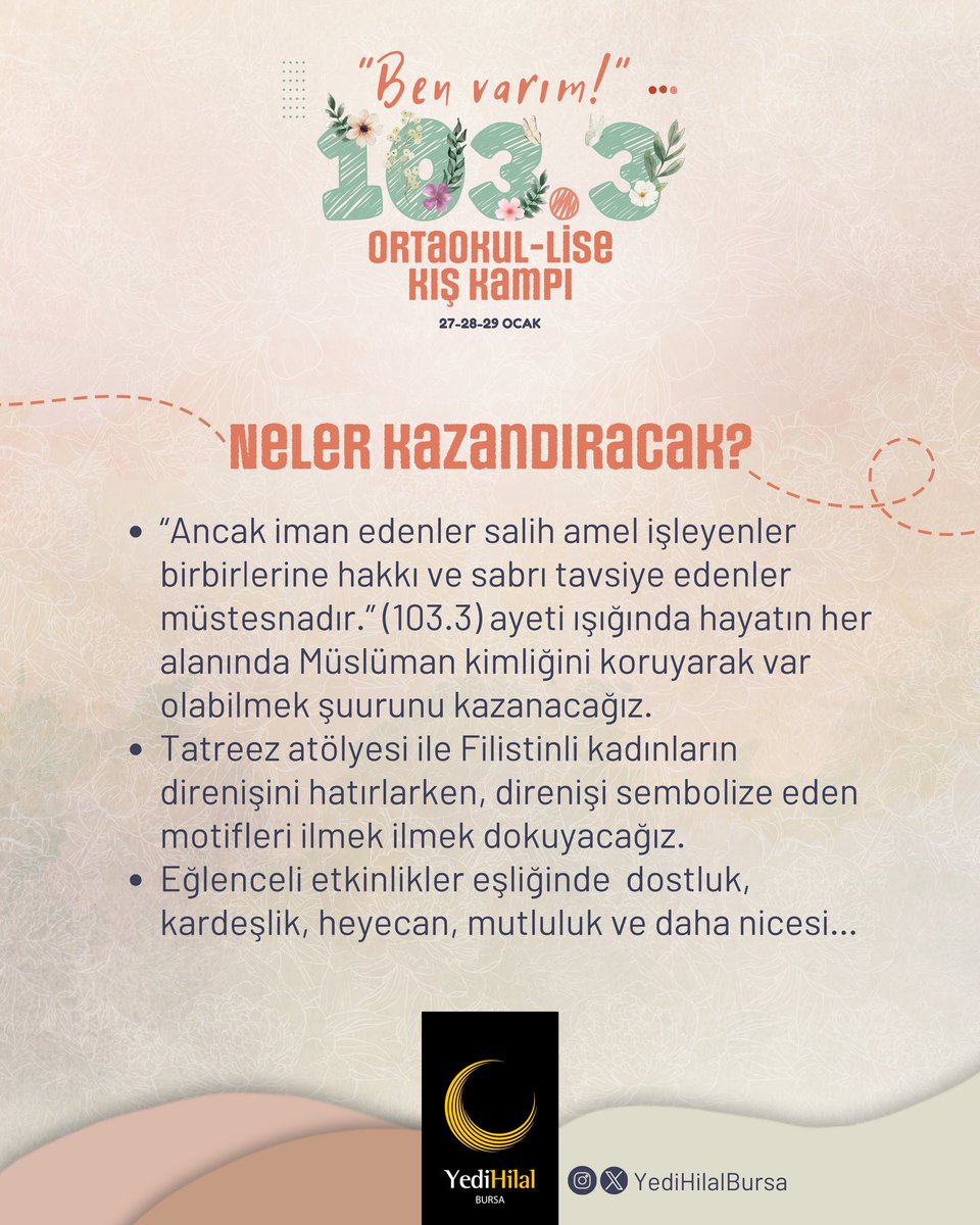 bursayedihilal's tweet photo. Sömestr tatilini hem eğlenceli atölyeler hem de bol keyifli, bilgi verici programlarla hazırlanmış bir kampla taçlandırmaya ne dersin?🏕😎

YediHilal Bursa olarak düzenlediğimiz kampa seni de “Ben Varım!” demeye bekliyoruz!

Kayıt için tıkla: https://t.co/dQ4FspfPUG https://t.co/eEATwTJuEM