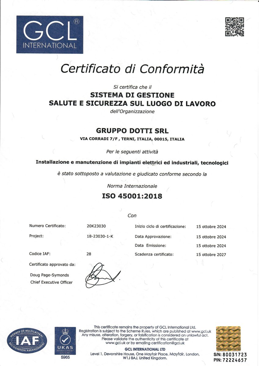 GruppoDotti's tweet photo. Gruppo Dotti Srl è orgogliosa di aver conseguito la Certificazione ISO 45001:2018 sulla SALUTE E SICUREZZA SUL LUOGO DI LAVORO, per L'INSTALLAZIONE E MANUTENZIONE DI IMPIANTI ELETTRICI,INDUSTRIALI E TECNOLOGICI. https://t.co/7G1D3xEteM