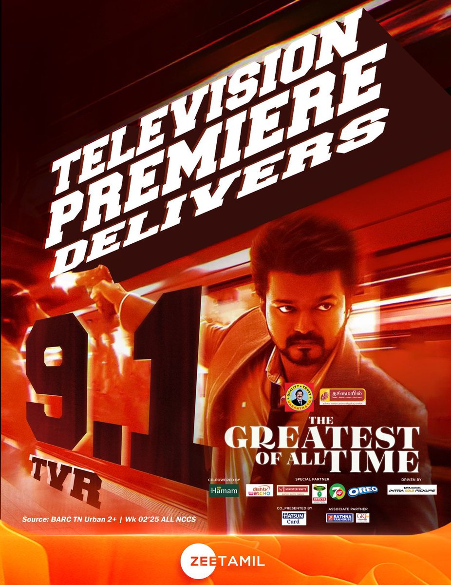 BREAKING: Thalapathy registers 9.1 TVR on its world television premiere on Zee Tamil.🔥
<a href="/actorvijay/">Vijay</a>  #TheGreatestOfAllTime #Thalapathy69