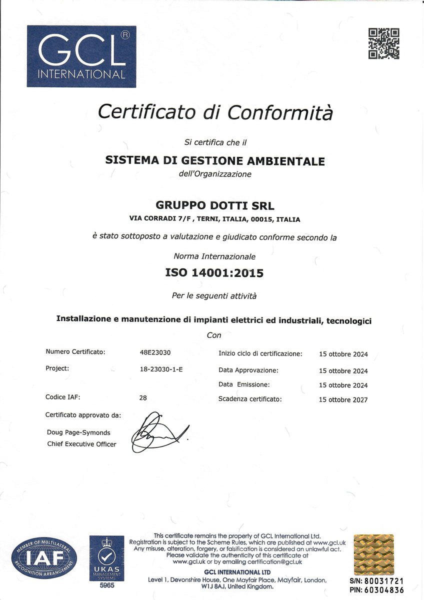 GruppoDotti's tweet photo. Gruppo Dotti Srl è orgogliosa di aver conseguito la Certificazione ISO 14001:2015 per la GESTIONE AMBIENTALE, per le attività di INSTALLAZIONE E MANUTENZIONE DI IMPIANTI ELETTRICI,INDUSTRIALI E TECNOLOGICI. https://t.co/ySWCVLtAGj