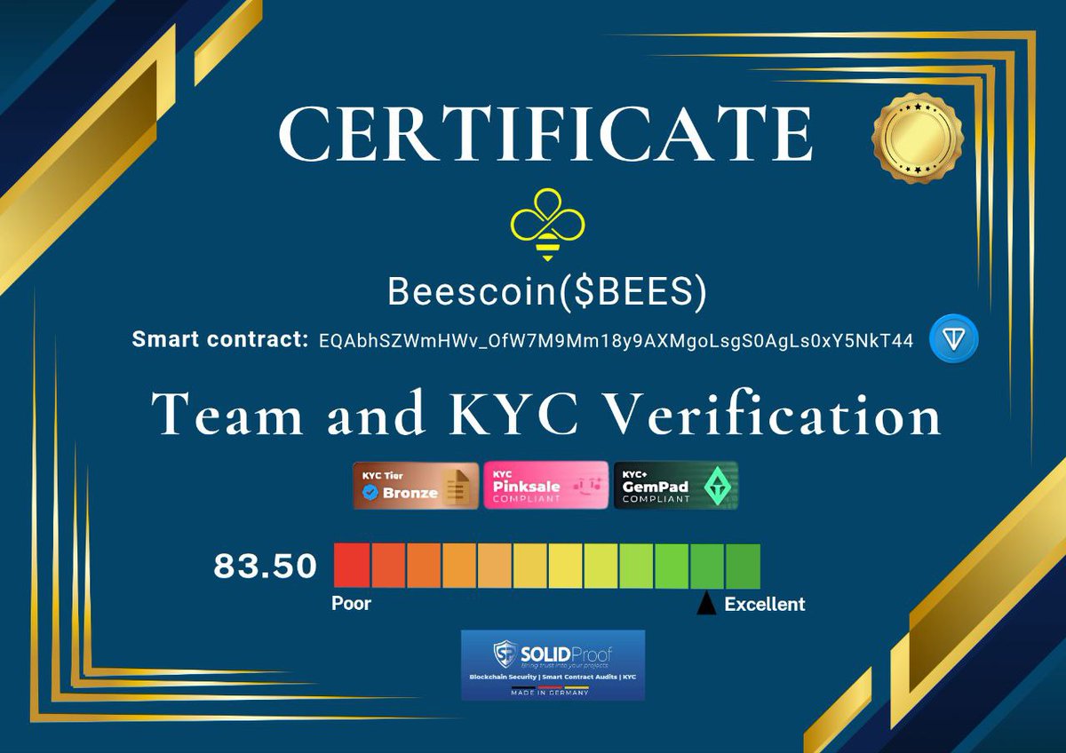 BeeeCoin's tweet photo. ✅Team and KYC Verification ✅

🎉A Great Honor for the Beecoin Project 🎉

✔️The Beecoin project is proud to announce that it has successfully obtained KYC And Audit from the globally renowned company Solidproof! 
✅ This achievement reflects our commitment to transparency and security for our valued investors.

✅ https://t.co/IgGrLh9jNg

✅✅ Audit and KYC: A Guarantee for Investment Security

✅ Receiving the KYC certification from the reputable Solidproof and the audit from Solidproof and Cyberscope is a significant and reassuring milestone for all our supporters and investors. This badge of trust represents Beecoin's adherence to the highest security and professional standards. From now on, the KYC and audit badges will proudly shine on the Beecoin project. 🌟

💰 Peace of Mind and Confidence in Investment
Now, you can engage and invest in the Beecoin ecosystem with complete peace of mind and without any stress. Securing your investments is our top priority, and this achievement stands as a testament to that commitment.

🚀 Final Steps Towards Listing and Public Presale

We are moving towards a bright future! The final steps for Beecoin's listing have been taken, and in the coming days, the public presale will begin on reputable platforms for our cherished investors. Immediately after, the official listing will take place.

🌟  Beecoin: A Future Full of Trust and Endless Opportunities!

✅ Join us and be part of building a better future with Beecoin.

✈️ Click here to Join BeeCoin now (https://t.co/fmwruFyMFF)