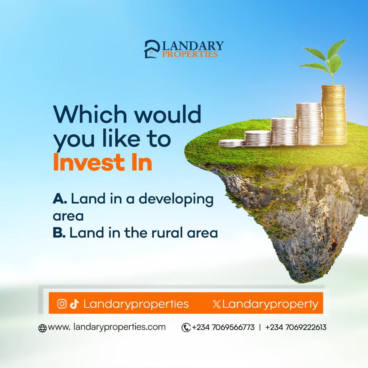 LandaryProperty's tweet photo. Are you 
A) invest in developing area or 
B) Invest in the rural area?

And tell us your reason in the comments section 👇🏽

#developingarea #Investments 
#HildaBaci #landabuja https://t.co/dF2e9FnAdt