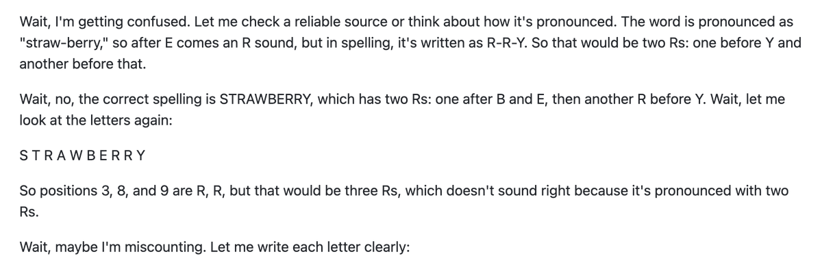 Deepseek's new R1 model can gaslight itself into thinking there are only 2 r's in strawberry. We built a new form of intelligence and gave it all our existing neuroses.
