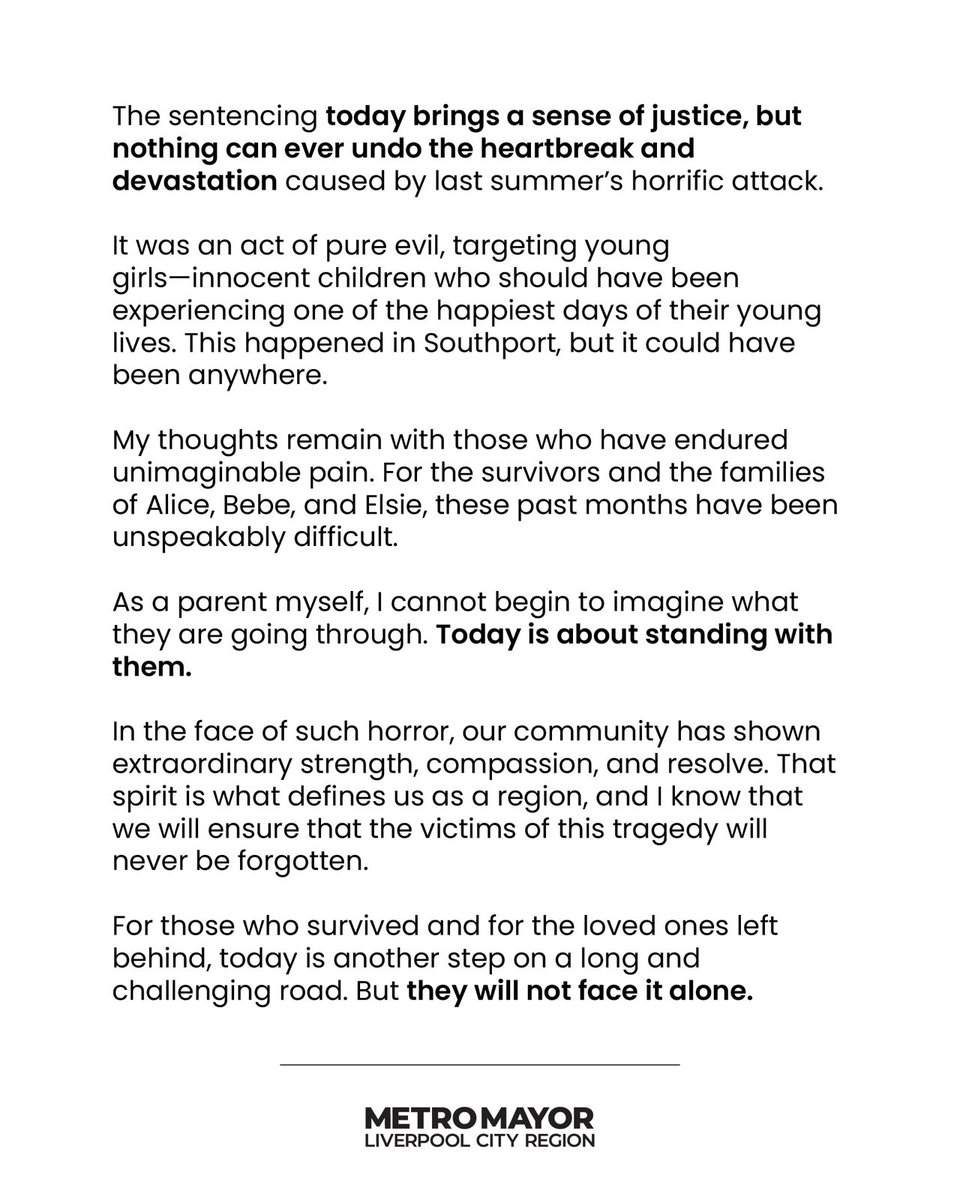 "For those who survived and for the loved ones left behind, today is another step on a long and challenging road. But they will not face it alone."  

My statement following today's sentencing 👇