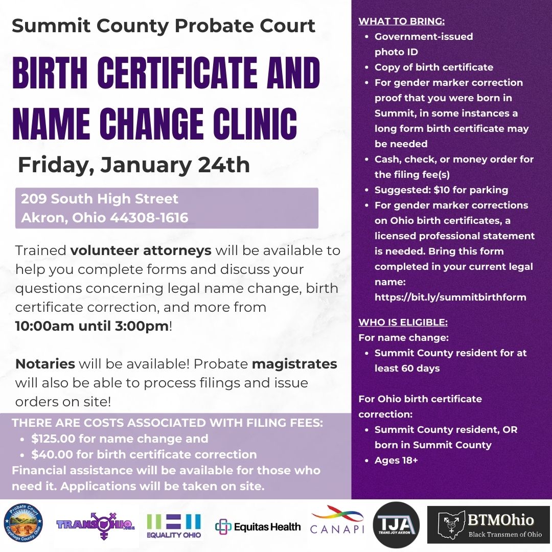 TOMORROW 1/24
Summit County Certificate and Name Change Clinic 
10am-3pm
@ Summit County Probate Court