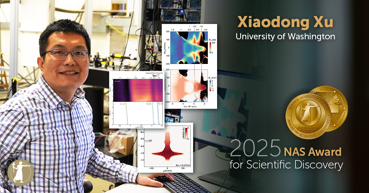 Join us in congratulating Xiaodong Xu of <a href="/uw_mse/">Materials Science & Engineering at UW</a>, winner of the 2025 NAS Award for Scientific Discovery! He is being honored for his experimental observation of the fractional quantum anomalous Hall effect. Read more about his work: nasonline.org/award/nas-awar… #NASaward