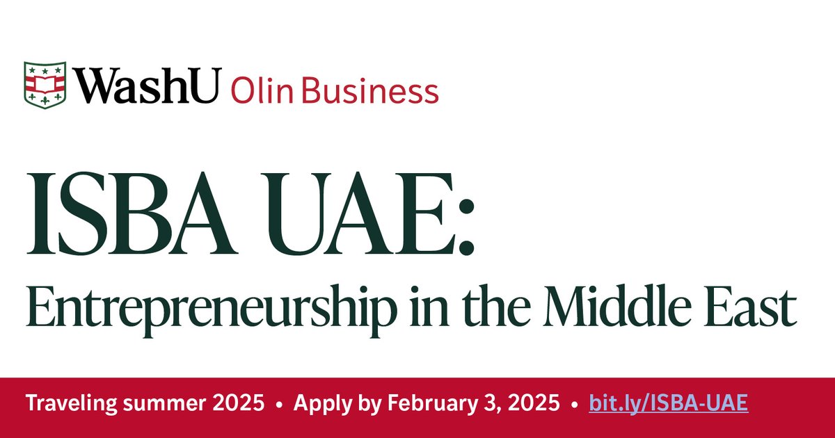Learn about entrepreneurship and innovation in the Middle East: WashU Olin’s ISBA-UAE undergraduate program, held June 12-27 in Dubai and Abu Dhabi, includes research, experiential learning opportunities, and cultural immersion. Apply by Feb. 3: bit.ly/ISBA-UAE