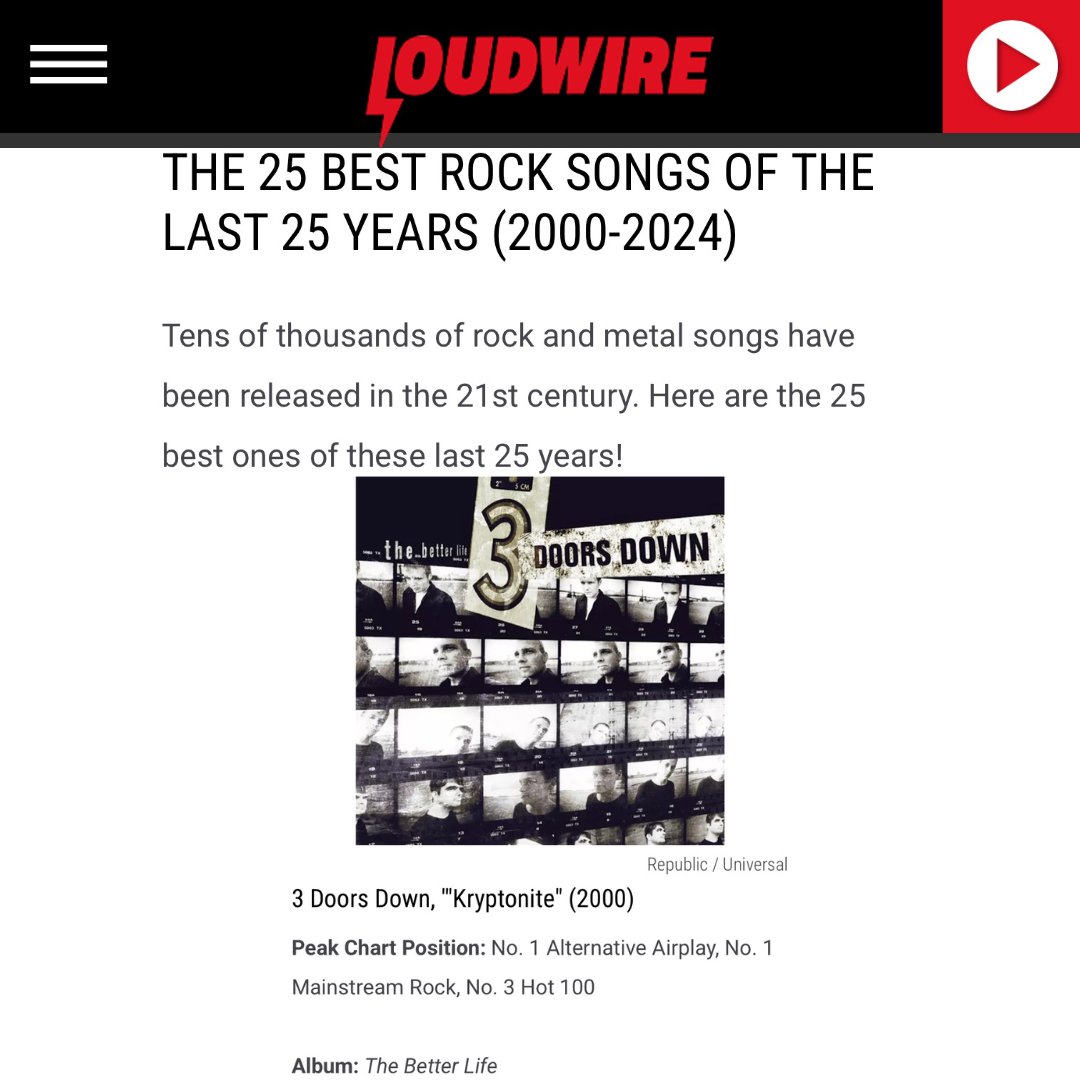 Thank you <a href="/Loudwire/">Loudwire</a> for recognizing “Kryptonite” as one of the 25 best rock songs of the last 25 years! 🤘⚡️ loudwire.com/best-rock-song…