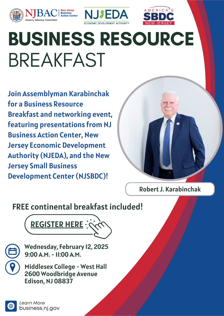 Join Assemblyman Karabinchak for a NO COST Business Resource Breakfast in Edison, NJ!
Get valuable insights from NJBAC, NJEDA,&amp; NJSBDC.
FEB.12.2025 | 9-11 A.M.
Edison, NJ 08837

Register here: eventbrite.com/.../assemblyma…...

#NJBusiness #Networking #SmallBiz