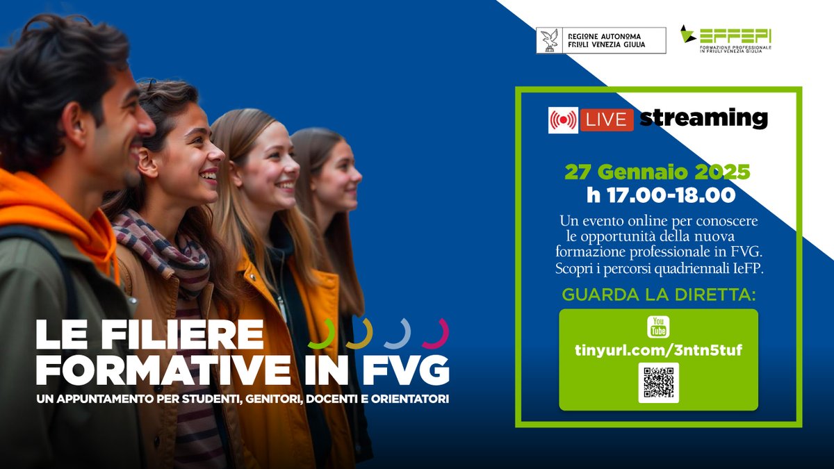 Filiere formative in #FriuliVeneziaGiulia: incontro online per studenti, genitori, docenti, orientatori. Partecipa per scoprire i nuovi percorsi quadriennali professionalizzanti dopo la scuola secondaria di primo grado attivi da anno scolastico 2025/26👉 bit.ly/YouTube_Filier…