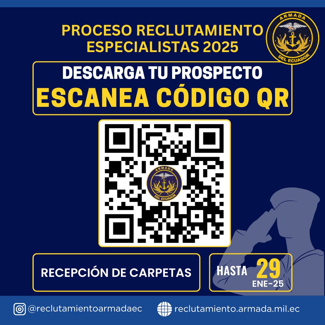 REC_ARE's tweet photo. 📣 ATENCIÓN SEGUIDORES Descarga tu prospecto aquí; escanea el código QR; descarga tu prospecto de acuerdo a las especialidades solicitadas; llena los requisitos y entrega tu carpeta hasta el miércoles 29-ENERO-2025. ¡La Armada del Ecuador espera por ti, postula! ⚓ https://t.co/RR68rV1dqa