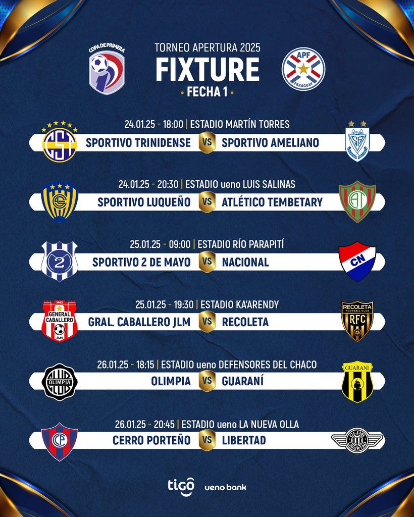 ¡El 𝕗𝕦́𝕥𝕓𝕠𝕝 está de vuelta! ⚽️

📆 Así se jugará la fecha 1 del #AperturaAPF2025 🇵🇾

🏟️ Días, horarios y escenarios del inicio de la #CopaDePrimera 🏆