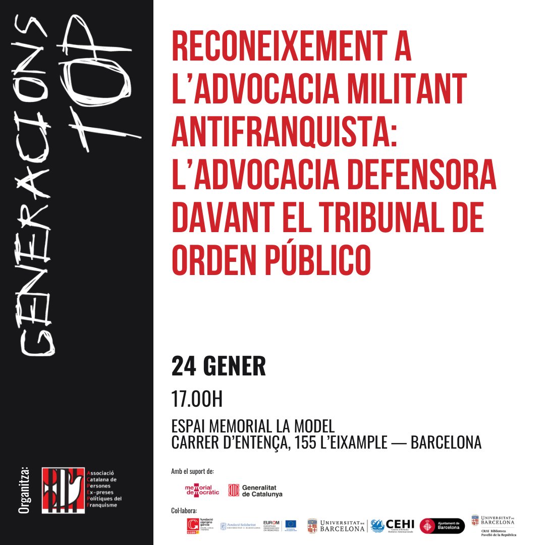 Demà celebrarem un homenatge a l'advocacia defensora davant el Tribunal de Orden Público #TOP.

Esteu convidades!

🗓 24 de gener
🕚 17:00h
📍 A La Model #Barcelona

T'hi esperem! 👀

#MemòriaHistòrica