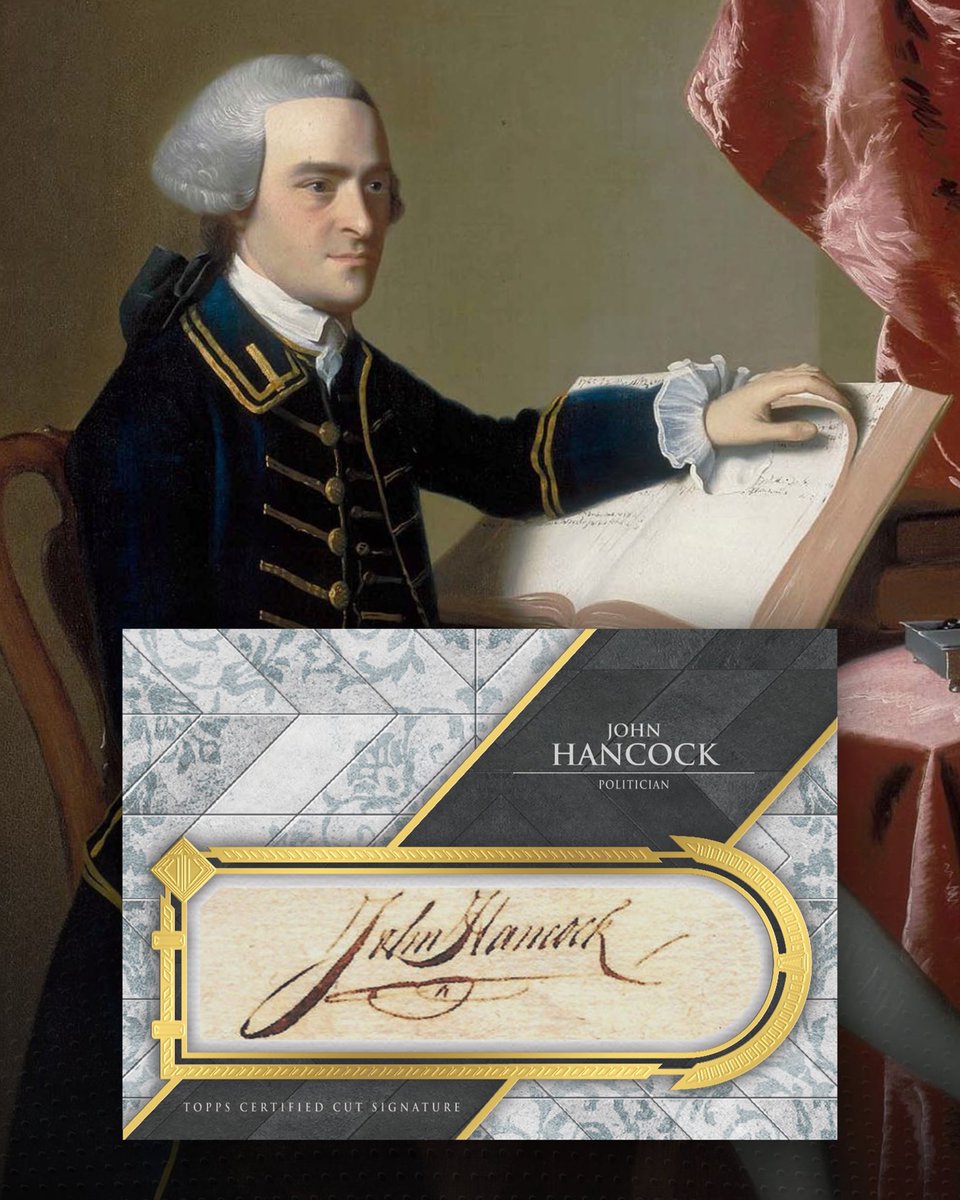Topps's tweet photo. 𝐅𝐈𝐑𝐒𝐓 𝐋𝐎𝐎𝐊: Founding Father John Hancock has a 1/1 cut autograph card in 2024 Transcendent.

The most famous signature in the history of signatures… Shockingly, we found one that fits in a trading card. https://t.co/d0Izue5ini