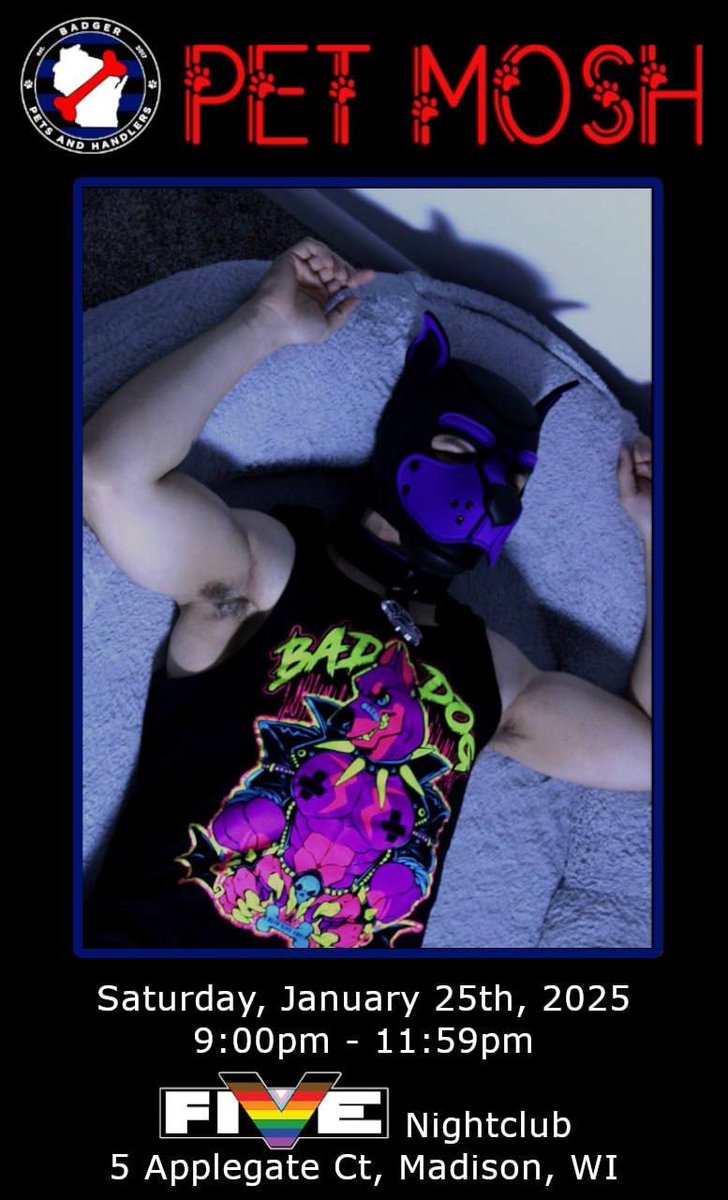 Badger_PAH's tweet photo. Mosh is this Saturday at @Club5madisonwis !

featuring the return of our popular “Dog Bowl” drink special! 21+, no cover via the side bar entrance. Disclaimer: Mosh area often shows adult videos on the TVs https://t.co/QQWyrF86gs