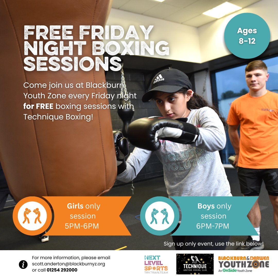 🥊 FREE Friday Night Boxing Sessions! 🥊

📍 Blackburn Youth Zone
🕔 5–6 PM: Girls Only
🕕 6–7 PM: Boys Only

👉 Sign-up only! Secure your spot here:
🔗 ow.ly/7oiA50UBcoM

Learn new skills, boost your fitness, and have fun! 💪