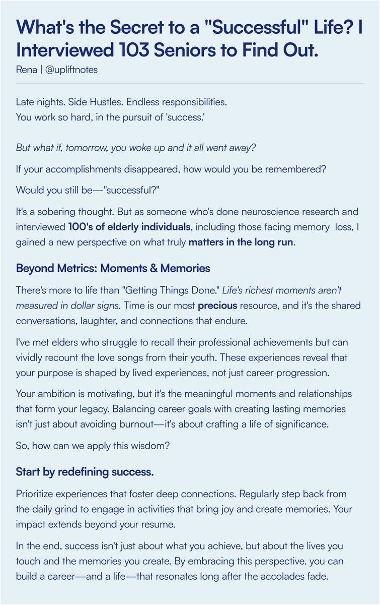 uplift_notes's tweet image. What&apos;s the Secret to a &quot;Successful&quot; Life? 

I Interviewed 103 Seniors to Find Out. 

Their Surprising Answer? ⬇️